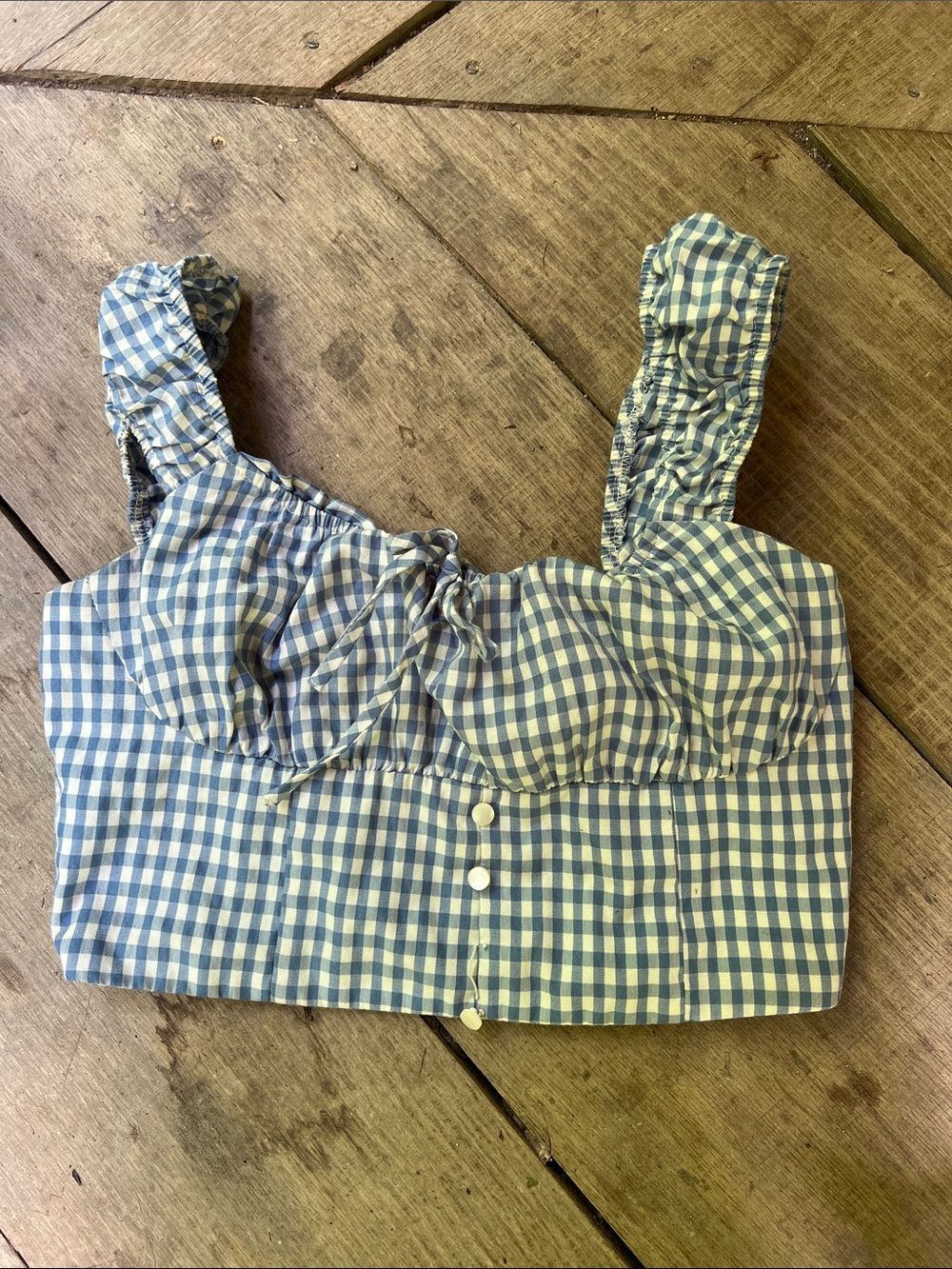 Blue Gingham Ruffle Strap Crop Top